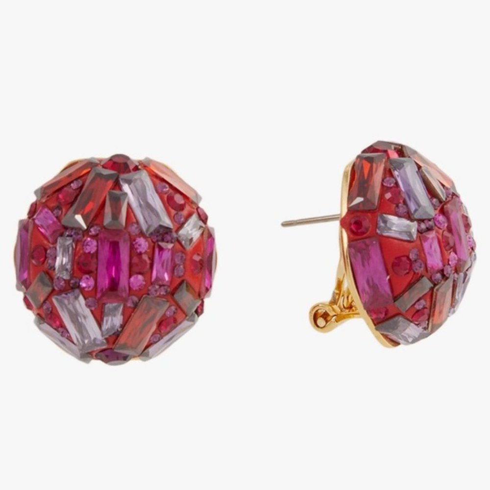 Kate Spade Circular Statement Earrings Red Plated Metal Multicolour Stones Clip